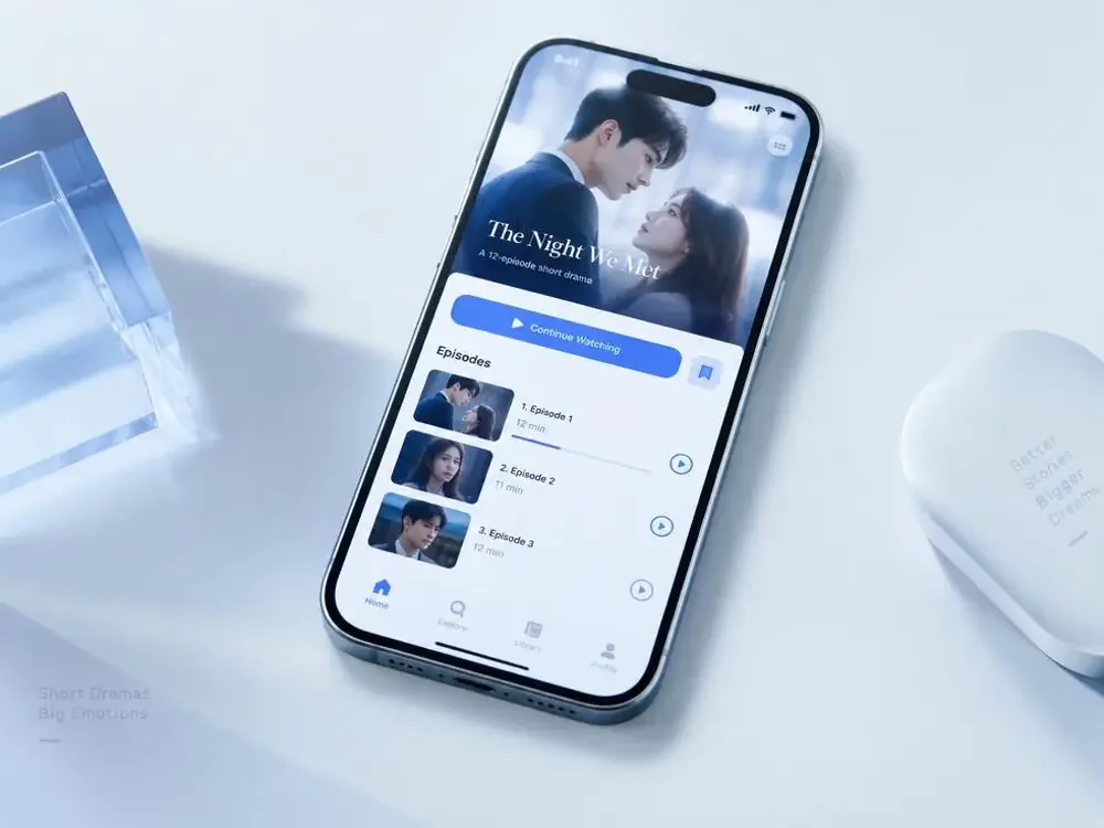 成人短剧APP界面展示，象牙白桌面上的手机应用预览