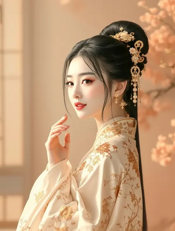 成人短剧《重生之嫡女荣华》封面海报，象牙浅金汉服女主立于月下庭院