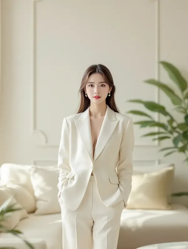 成人短剧《总裁的契约千金》封面海报，象牙色大衣都市女性立于明亮大厅