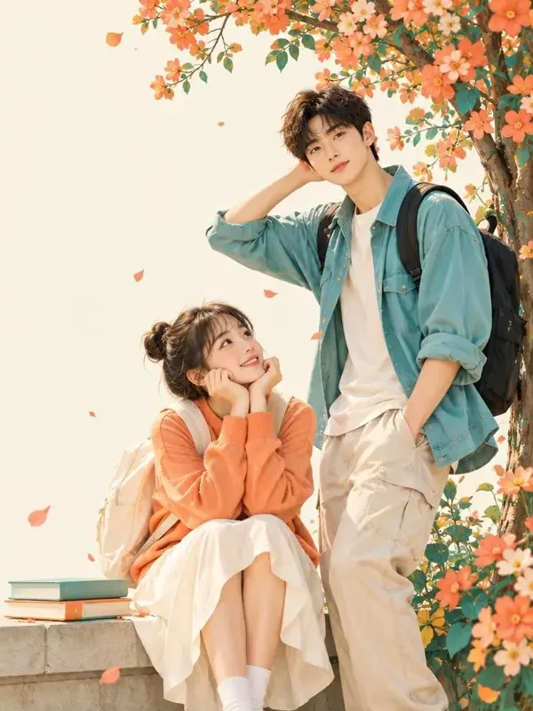 成人短剧《一见钟情是永远》封面海报，象牙色校服女生立于梧桐树下