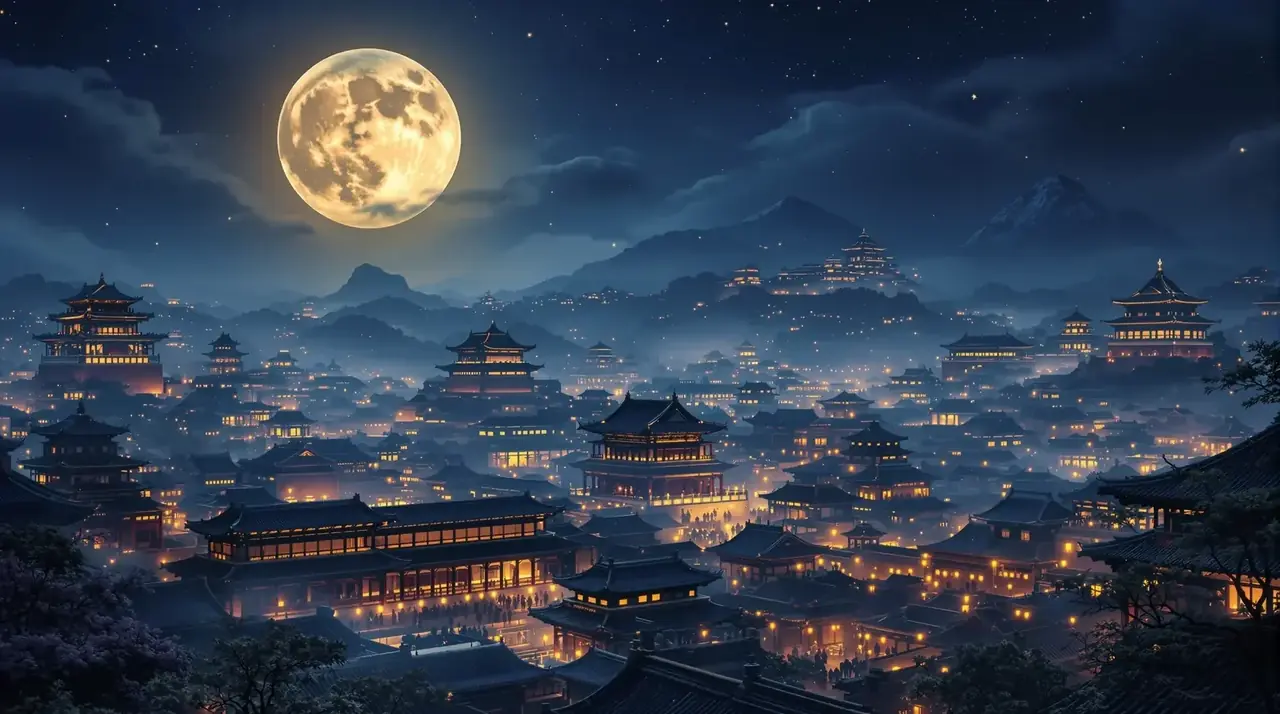 成人短剧首页轮播《长安月下故人心》背景图，长安夜灯市古街