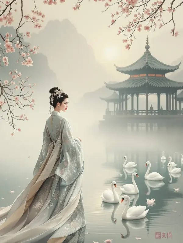 成人短剧《天鹅湖畔的诺言》封面海报，象牙白礼服少女立于晨雾湖畔