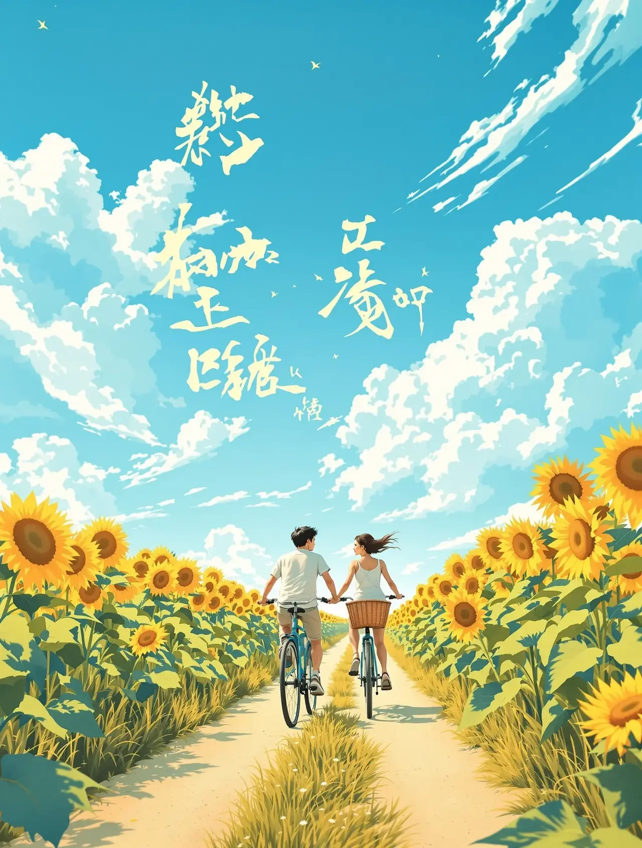 成人短剧《春风十里不如你》封面海报，象牙色校服少年少女骑行花径