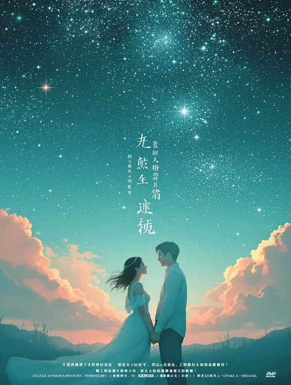 成人短剧《予你星河不眠夜》封面海报，象牙色情侣于星空天台相依