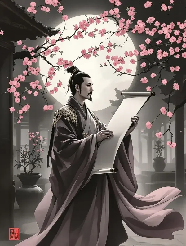成人短剧《长安月下故人心》封面海报，象牙浅金长衫书生立于长安灯市