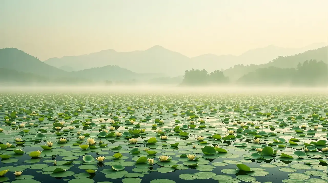 成人短剧首页轮播《天鹅湖畔的诺言》背景图，晨雾湖畔天鹅游弋